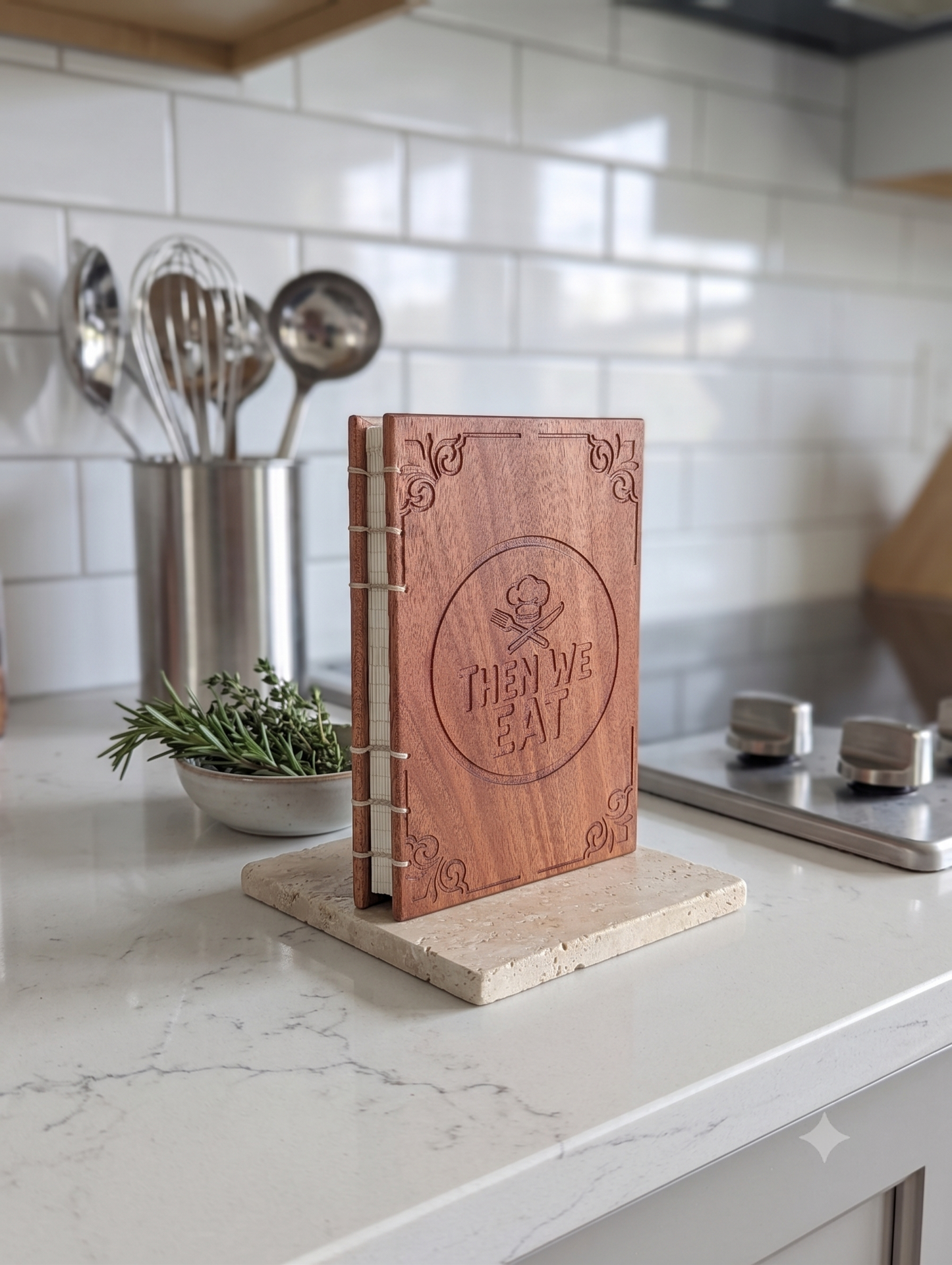 "Then We Eat" Wooden Recipe Book – Handcrafted Mahogany Hardwood Keepsake Journal