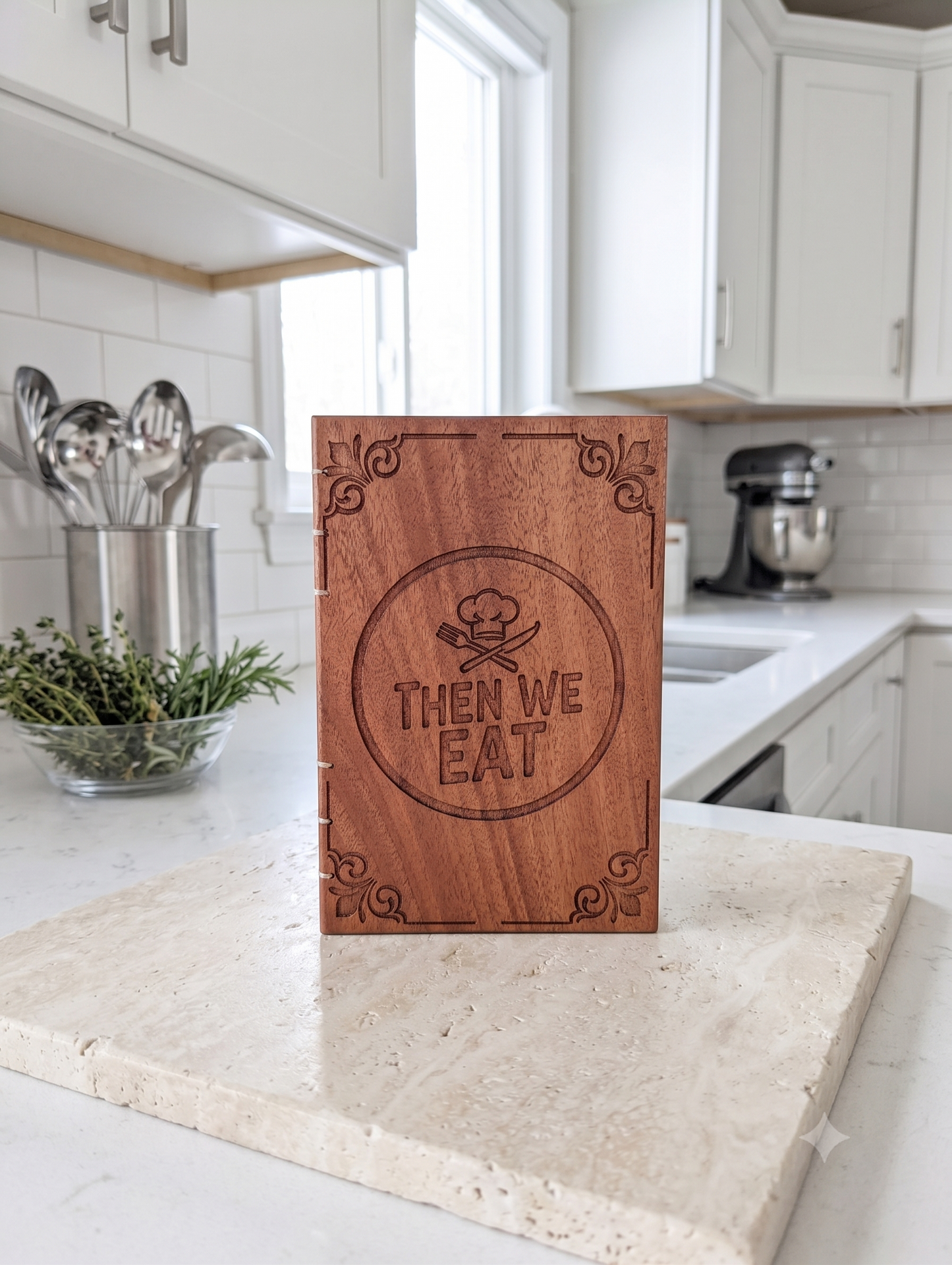 "Then We Eat" Wooden Recipe Book – Handcrafted Mahogany Hardwood Keepsake Journal